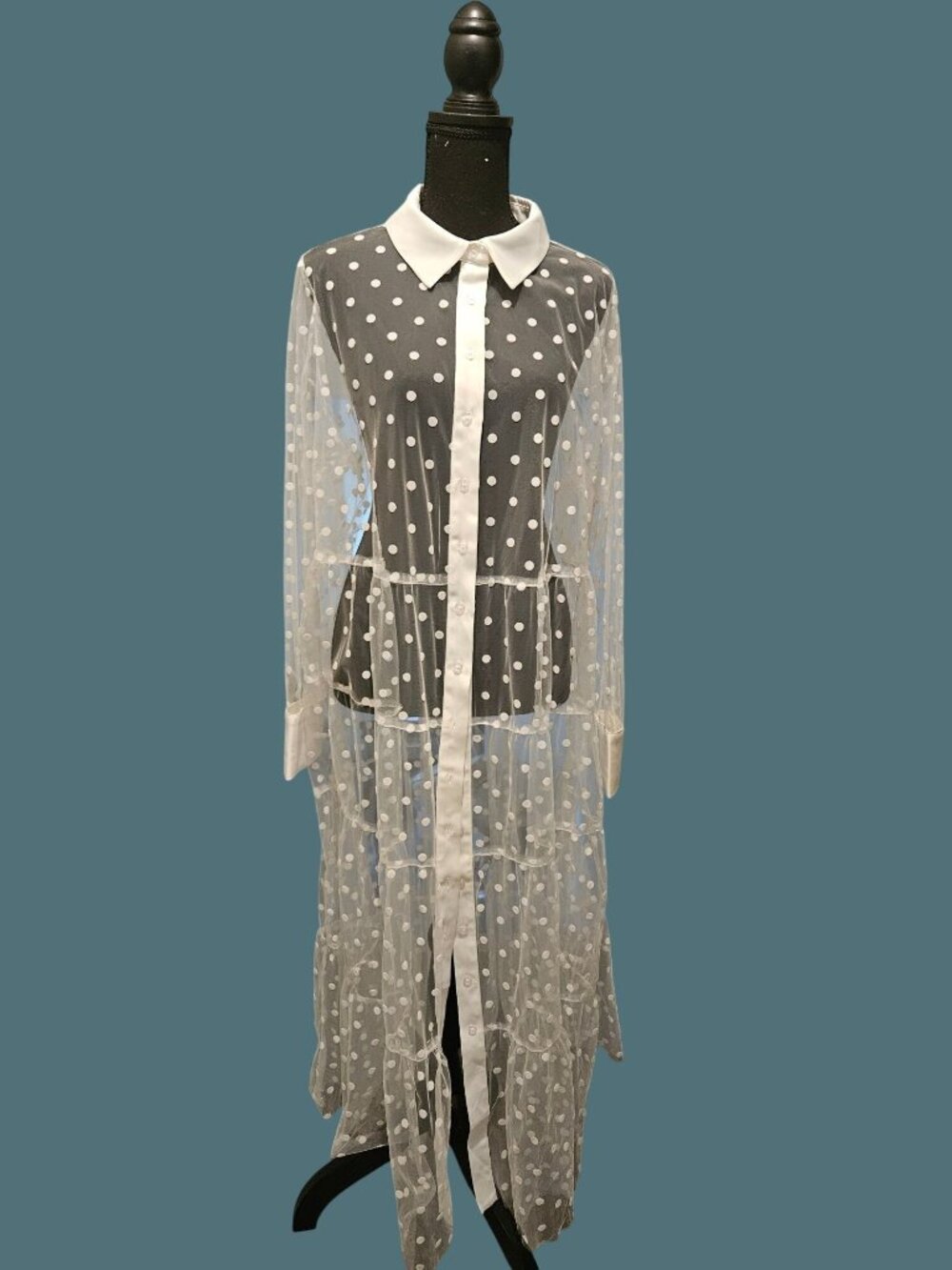 Eloquii White Sheer Polka Dot Maxi Button Front L/S Shirt Dress Topper Size 20